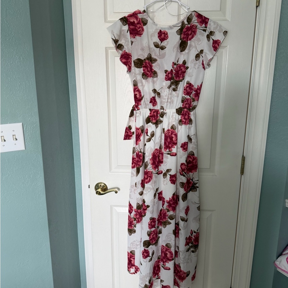 White Floral Maxi Dress with Pink Rose Print